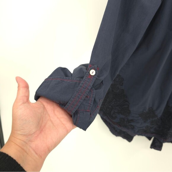 Johnny Was 3J Workshop Babydoll Button Up Top Embroidered Striped Y2k Blue - Picture 7 of 15